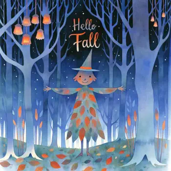 Whimsical scarecrow in an autumn forest under 'Hello Fall' text — Halloween-themed forum avatar/pfp with falling leaves and glowing lanterns.