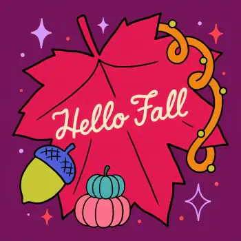 Forum avatar: pink maple leaf reading Hello Fall with an acorn, stacked pumpkins and a curling vine on a purple background — autumn leaf pfp.