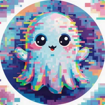 Pixel-art cartoon ghost avatar: kawaii blue-white ghost with big eyes, rosy cheeks and glitchy rainbow pixels in a circular forum profile picture.