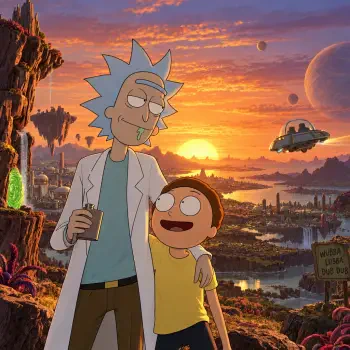 Forum avatar showing Rick (from Rick and Morty) and Morty Smith in an alien sunset; Rick holds a flask, Morty smiles, UFO and exotic landscape behind them.