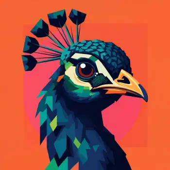 Stylized geometric peacock head in vibrant teal, blue, and yellow on an orange background — a bold forum avatar/profile photo.