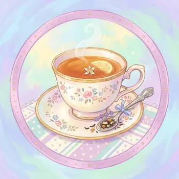 Forum avatar/pfp: pastel floral teacup and saucer with steaming Earl Grey tea, lemon slice, and a spoon holding loose tea leaves.