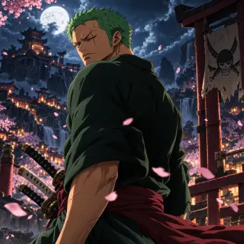 Forum avatar of Roronoa Zoro — anime swordsman with green hair and three katanas, gazing over a moonlit, lantern-lit village with falling cherry blossoms.
