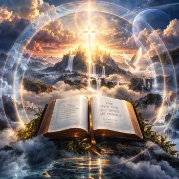 Forum avatar: open Bible (book) on clouds with the verse For with God all things are possible, a dove flying toward a glowing cross and a radiant heavenly city.
