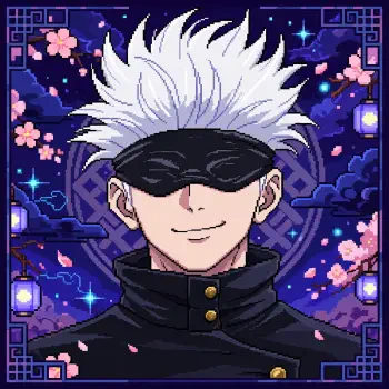 Forum avatar portrait of anime character Satoru Gojo: white spiky hair, blindfold, smiling against a starry purple background dotted with cherry blossoms and lanterns.