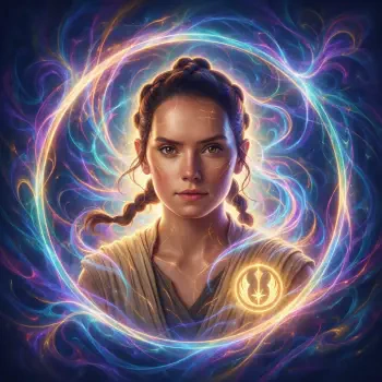 Forum avatar/profile photo of Rey (Star Wars): portrait of a woman with braided hair, surrounded by swirling magical light and a glowing emblem on her robe.