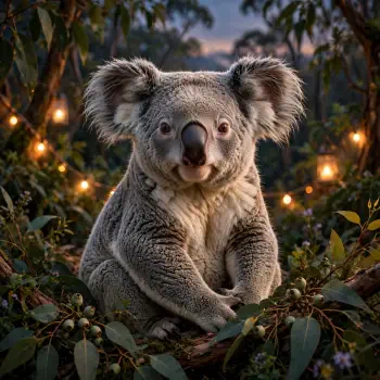 Fluffy koala (animal) among eucalyptus leaves and warm string lights, presented as a forum avatar/profile photo.