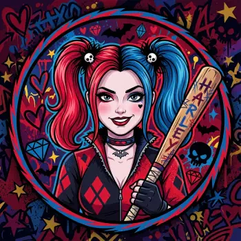 Forum avatar of Harley Quinn with red-and-blue pigtails, heart makeup and diamond costume, gripping a wooden bat against a graffiti-style background of stars, hearts and skulls.