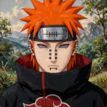 Forum avatar of Pain (Naruto): close-up of orange-haired Akatsuki member with Rinnegan eyes, facial piercings, forehead protector and black-red cloak.