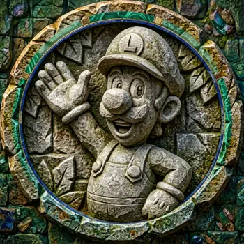 Stone relief statue of Luigi waving inside a circular ornamental frame, rendered as a stylized forum avatar/pfp.
