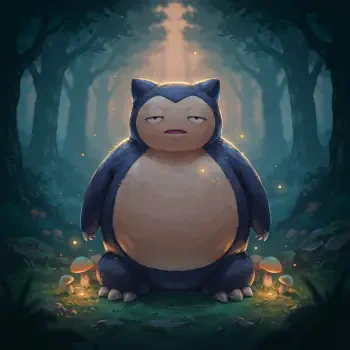 Cartoon Snorlax (Pokémon) forum avatar/pfp: sleepy Snorlax glowing in a moonlit forest clearing, surrounded by mushrooms and soft floating lights.