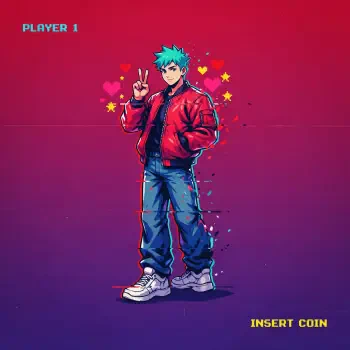 Anime-style boy in a red jacket and sneakers flashing a peace sign amid pixel hearts and PLAYER 1 / INSERT COIN text — video game themed forum avatar.