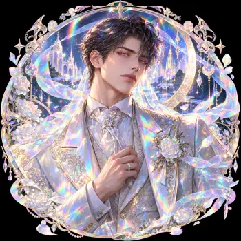 Stylized profile avatar of a groom: a young man in an iridescent, embellished suit with a jeweled boutonniere, luminous cityscape background and an ornate circular frame.