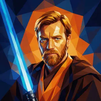Stylized geometric portrait of Obi-Wan Kenobi as a bearded man wielding a blue lightsaber against warm orange and cool blue shapes — used as a forum avatar/profile photo.