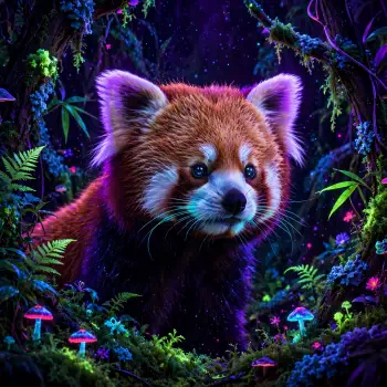 Red panda forum avatar: a glowing, whimsical red panda in a neon forest — animal pfp/profile photo.