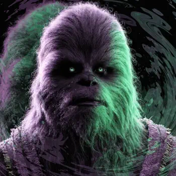 Forum avatar of Chewbacca Wookiee alien: thick purple-green fur, glowing green eyes and bandolier, framed by a swirling cosmic background.