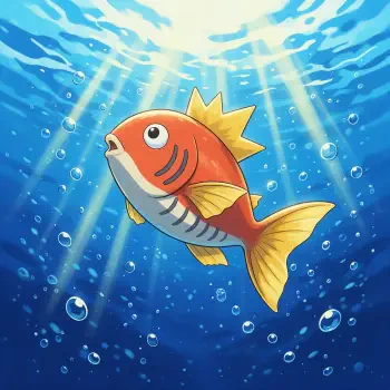 Colorful cartoon Magikarp (Pokémon) goldfish underwater with sunbeams and bubbles, stylized forum avatar/pfp.