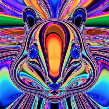 Psychedelic abstract forum avatar: glossy neon chipmunk-tiger-cat hybrid face with mirrored striped patterns and bright blue eyes.