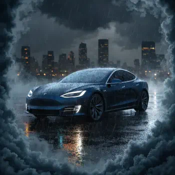 Forum avatar/pfp of a Tesla sports car glistening on rain‑slick pavement beneath stormy clouds, with a blurred city skyline behind.
