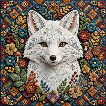 Forum avatar/pfp: stylized white fox portrait framed by ornate embroidered floral and geometric patterns.