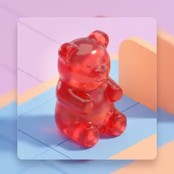 Glossy red gummy bear candy in a sitting pose, used as a forum avatar/profile photo on a pastel geometric background.