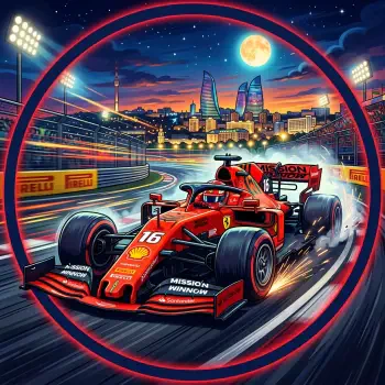 Stylized F1 race car speeding around a lit city track under a full moon, sparks flying inside a circular frame — bold forum avatar/pfp/profile photo.