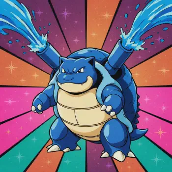 Stylized Blastoise (Pokémon) forum avatar/pfp: action pose with water cannons firing against a colorful starburst background.