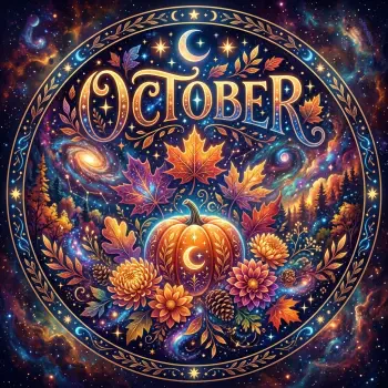 Circular forum avatar/profile photo: ornate October lettering over a moonlit pumpkin, surrounded by autumn leaves, chrysanthemums and swirling stars in a cosmic fall scene.