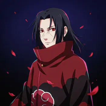 Forum avatar of Itachi Uchiha (Naruto): stoic figure in Akatsuki cloak, red Sharingan eyes, dark hair, red petals drifting against a deep, moody background.