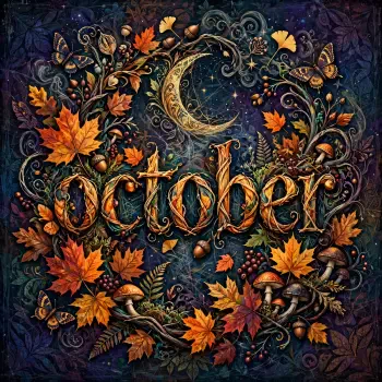 Forum avatar/pfp: ornate October motif framed by autumn leaf wreath, mushrooms, berries and a decorative crescent moon.