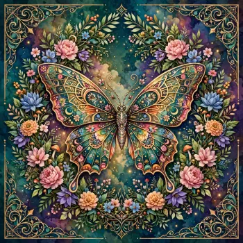 Ornate symmetrical butterfly centered in a floral frame with roses and jewel-toned filigree; vibrant teal, gold, and pink hues — stylized forum avatar/pfp.