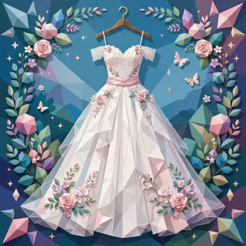 Forum avatar/profile photo of a bridal wedding dress: white off-shoulder gown with pink sash and rose appliqués on a hanger, set against a geometric floral border.