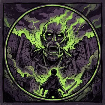 Forum avatar/pfp: Attack on Titan–style colossal zombie monster looms in neon green flame over a lone cloaked figure amid a ruined city, pure horror aesthetic.