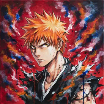 Bleach anime portrait of Ichigo Kurosaki as a forum avatar: intense gaze, spiky orange hair, torn black shinigami robe, fiery red and black swirling background.