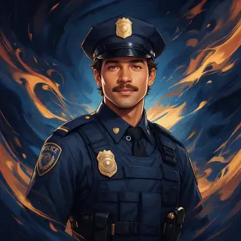 Forum avatar of a smiling police officer (cop/policeman) in uniform and cap, wearing a badge and tactical vest against a stylized blue-and-orange flame background.