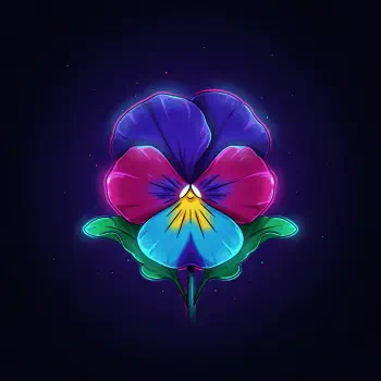 Stylized neon pansy flower blossom — vibrant purple, pink, blue and yellow petals with green leaves on a dark background, rendered as a glowing forum avatar/profile photo.