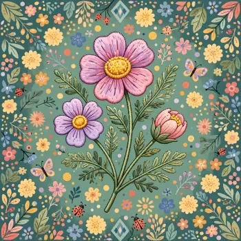 Whimsical forum avatar of pink wildflowers and smaller flowers with butterflies and ladybugs on a green, patterned background