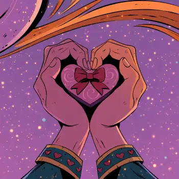Forum avatar showing two hands forming a heart around a pink heart-shaped gift with a bow, purple starry background and heart-patterned cuffs — Valentine's Day.