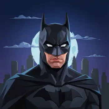 Stylized Batman superhero forum avatar: masked, stern caped figure with glowing eyes before a full moon and city skyline.