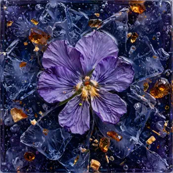 Forum avatar/pfp: close-up purple flower against a dark crystalline background with scattered amber-gold fragments.