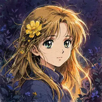 Anime portrait of a girl with golden hair and green eyes, a yellow flower tucked in her hair, glowing against a dark floral backdrop — forum avatar/pfp.