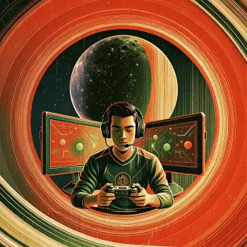 Esports gamer wearing headphones and playing a video game, framed by a glowing planet in a vivid forum profile avatar.