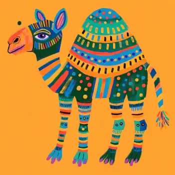 Colorful folk-art camel animal illustration on an orange background, a vibrant forum avatar profile picture.