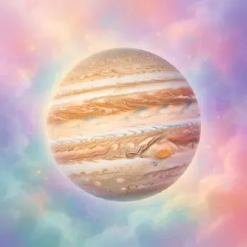 Jupiter planet profile picture with swirling cream and orange cloud bands against a pastel space background.