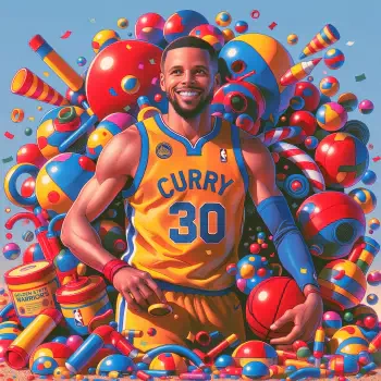 Colorful Stephen Curry basketball avatar in a Golden State Warriors No. 30 jersey, surrounded by playful red and blue shapes.