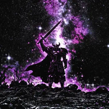 Armored warrior raising a sword beneath a glowing purple galaxy, dramatic fantasy forum avatar.