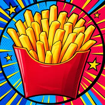Pop art forum avatar featuring golden french fries in a red fast food carton against a colorful comic-book background.