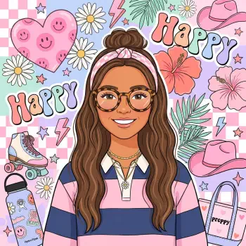Preppy fashion portrait avatar of a smiling woman with glasses, a headband, and a striped sweater, surrounded by colorful flowers and playful stickers.