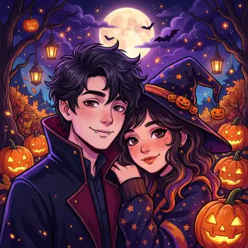 Halloween couple profile avatar featuring a smiling witch and her companion surrounded by glowing pumpkins, bats, and a full moon.