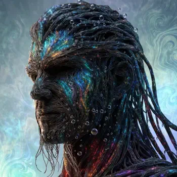 Ethereal side-profile face portrait with flowing dark, iridescent hair, featured as a distinctive forum avatar or profile photo.